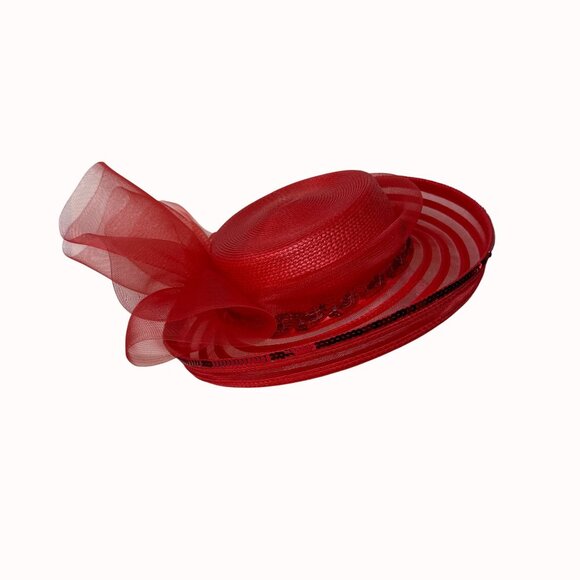 Elegant Red Wide Brim Hat Formal Fashion Tulle Bow Sequin Statement Church Derby